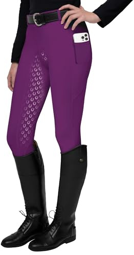FitsT4 Sports Damen Reitleggings Silikon Vollbesatz Reithose mit Handytasche und Gürtelschlau,Lila,M