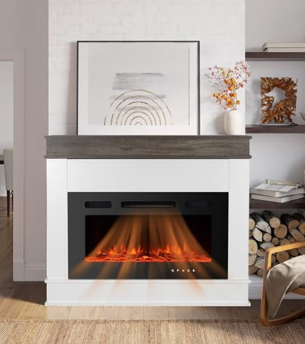 M.C.Haus Chimenea Eléctrica con Repisa de Chimenea, 30/76CM Chimenea Negra Insertada, Temperatura y Llama Ajustables, Chimenea en Acabado de Madera de Ingeniería, Roble Rústico y Blanco