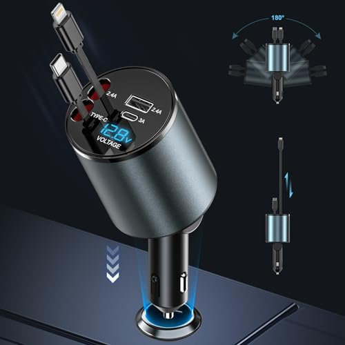 BOOTEEK 120W Caricatore Auto 4 in 1 Caricabatterie Auto Retrattile con Cavi Retrattili e Display di Tensione, per Veicoli a 12/24 V, Compatibile con I Phone, Android, Samsung Galaxy