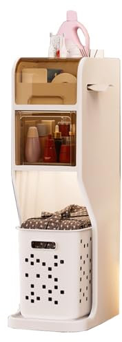 GIZNXBA Badezimmerschrank Klein Schmal Hochschrank Badezimmer 28 cm Breit Badschrank Mit Ausziehbaren Schubladen, Wäschekorb, Toilettenpapierhalter Auf Rädern Für Kleine Räume(3 Tier)