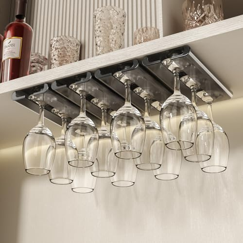 Vaisoeny Vinglashållare, 4-pack glashållare, vinglashållare installation utan borrning, handtag glashylla, vinglashållare hängande för kök och bar (grå)