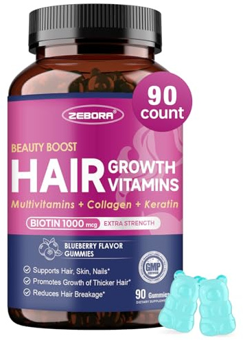 ZEBORA Hair Growth Vitamins with Biotin, Keratin & Collagen - Biotin Gummies with Beauty Support Blend for Hair, Skin & Nails - Vegan Hair Vitamins for Women & Men - 90 Blueberry Gummies, Non-GMO