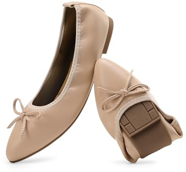 DREAM PAIRS Women's Foldable Flats Shoes Pointed Toe Ballet Flats Bowknot Comfort Slip on Dress Shoes,Size 6,Nude,DWUMFA2530