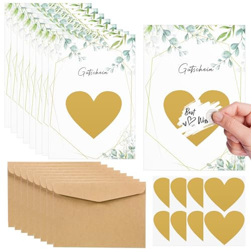 AIBAOBAO 8 Stück Rubbelkarten Zum Selber Beschriften DIY Rubbelkarte Set mit Kraftpapier Umschläge und Rubbelaufkleber Herz Gutschein Karten zum Ausfüllen Geschenke für Geburtstag Party Hochzeit