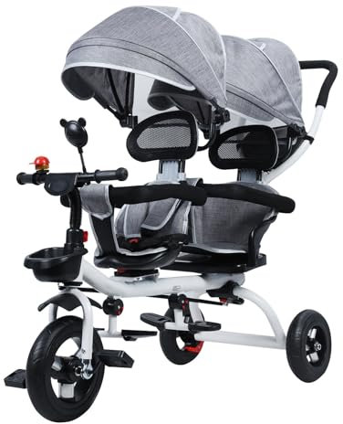 RRXIMHTT Tandem-Dreirad mit Doppelsitz und Baldachin-Spaziergang im Freien für Kinder 2-8 Jahre alte Kinder, Anti-Rollover-Gummi-Rad, Robustes, ausgewogenes Babyauto, Twin Park Walking Toy Geschenk