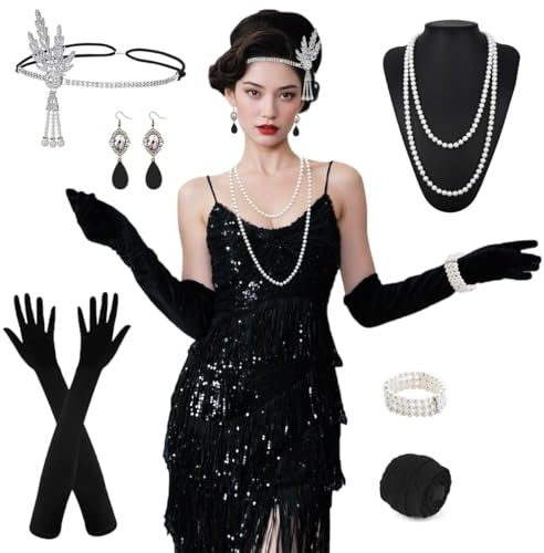 Costume Années 20 Femme, Robe Gatsby Charleston Flapper Années 1920 avec Paillettes et Franges, Tenue Vintage avec Accessoires pour Soirée Déguisée, Bal, Carnaval, Halloween, Fête Années 20 (XL)