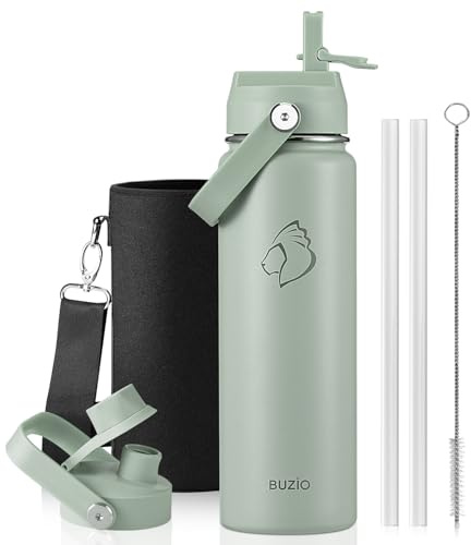 Botella de agua aislada BUZIO de acero inoxidable de 680 ml, mantiene frío 48h, boca ancha, sin BPA, metálica, cantimplora termo con 2 tapones, Verde gris