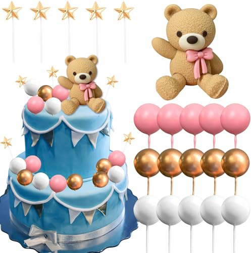 Decoracion de Tarta Oso Rosa, Osito Rosa Cake Topper, Decoracion de Tarta de Babyshower, Decoracion Tartas Cumpleaños, para Decoración de Pastel de Boda, Decoración de Tarta de Cumpleaños para Bebé