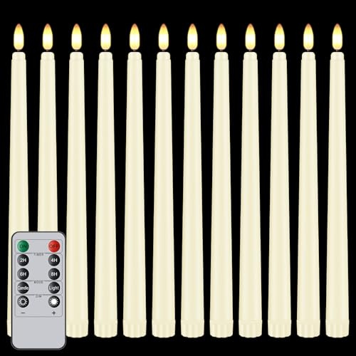 Hopule 12 Pcs Flickering Flameless LED Taper Candles, 11 Long Fake Taper Candles Battery Operated with Remote Timer, Ivory Plastic Electric Candlesticks for Wedding Party Christmas Holiday