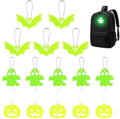 VYNZOR 15 Llavero Reflectante Halloween – Calabaza, Fantasma y Murciélago, Accesorios Divertidos con Efecto Luminoso para Bolsos, Mochilas y Accesorios de Disfraz