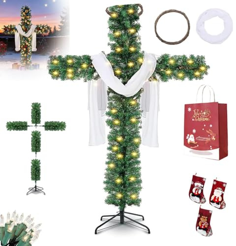 Sapin De Noel en Forme De Croix, Sapin Croix,1,5/1,8 M Sapin De Noel, Croix De Noël De Pin Artificiel Pré-Lit De, avec Écharpe De Soie Et Bague De Rattan en Bois (1.5m)