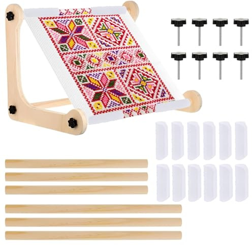Vestamore Embroidery Stand, Wooden Tabletop, Adjustable Frame, With Clips, Natural Wood, 15.7 & 11.8 In Rods, L-Shape Stand 11.7X11.7 In