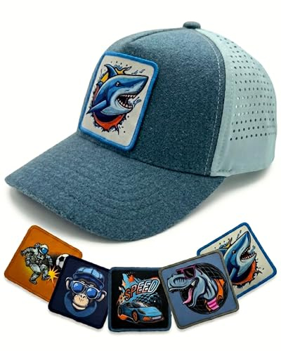 HECKBO Kinder Kappe mit 5 Klett Stickern, Coole Cap für Jungen & Mädchen 4–10 Jahre, atmungsaktive Baseballcap mit Reflektoren & großer Klettfläche, 52–57 cm