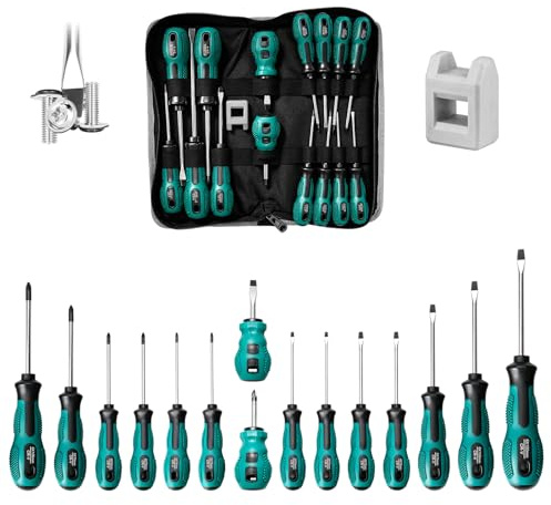Set di Cacciaviti Magnetici, Set Cacciaviti Elettricista 8 a Testa Piatta, 7 a Croce con Strumento Demagnetizzatore del Magnetizzatore e Borsa Portaoggetti, Acciaio al Vanadio al Cromo per DIY, Casa