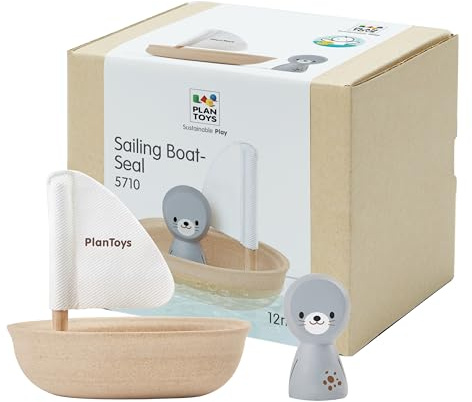 PlanToys Segelboot Robbe - Badewannenspielzeug - Wasserspielzeug Kinder - Badespielzeug Baby ab 1 Jahr - Set mit Segelboot und abnehmbarer Robbe