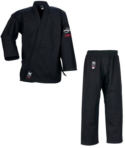 Ju-Sports Ju-Jutsu Anzug Cayon Black 160 I Moderner Jujutsu Anzug Kinder & Erwachsene I Kampfanzug fürs Training I Doppelt verstärkter Brust- & Schulterbereich I 100% Baumwolle