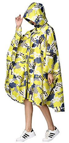 Womens Rain Poncho Stylish Polyester Waterproof Raincoat Free Size with Hood Zipper (Yellow Cloud)