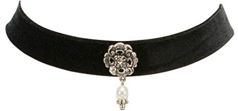 Trachtenkette Samtband Ornament mit Perle - Damen Samt-Kropfband Kristallstein enganliegend, Kropfkette elastisch für Trachtenbluse, Dirndlkette breit, Dirndl-Schmuck Choker zum Oktoberfest (schwarz)