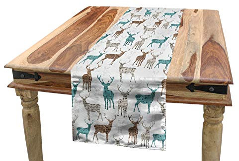 ABAKUHAUS Hirsch Tischläufer, Alt Text Tiere Weihnachten, Esszimmer Küche Rechteckiger Dekorativer Tischläufer, 40 x 225 cm, Türkis Beige Braun