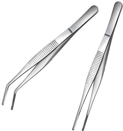 2Pcs Pinzette da Cucina Pinzette per Alimenti in Acciaio Inossidabile Pinze in Acciaio Inox con Punte Seghettate di Precisione per Cucinare Cuocere al Forno, Curva e Diretta, 20cm