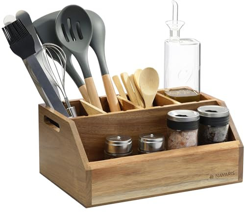 Navaris Porte ustensiles de cuisine bois - Support rangement couvert en bois d'acacia 30 x 20 x 13 cm avec 5 compartiments pour couteau fourchette cuillère spatule condiment