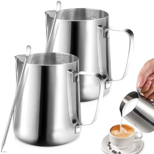 Omtofo 2 Pezzi 350ml Bricco per Latte in Acciaio Inox con Marchio di Misurazione e caffè Latte Art Pen, per Cappuccino, Espresso, Perfetta per Gli Amanti del Caffè