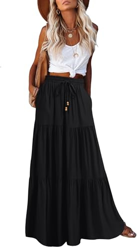 HAEOF Jupe longue d'été bohème taille haute pour femme - Coupe trapèze fluide à volants - Longue jupe de plage à volants avec poches, noir, Taille L