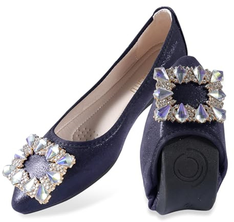 YOUNIFIZ Women's Ballet Flats Crystal Wedding Ballerina Shoes Foldable Sparkly Comfort Slip on Flat Shoes(Navy,Size 7)
