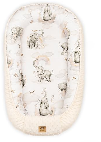 PIMKO Minky, babybo för bebis, 2-sidigt babybo för spädbarn, gosigt bo för spädbarn och nyfödda, babybo – beige elefanter med klaff