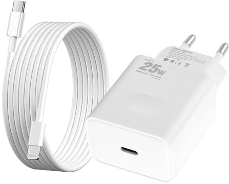 Cargador iPhone Carga Rapida, [Certificado MFi Apple] 25W USB C Enchufe Rapido con USB C Cable Para iPhone 14/14 Pro/14 Pro Max/14 Plus 13 12 11 XS XS MAX XR X SE 8 7 6S 5S iPad Cargador Movil