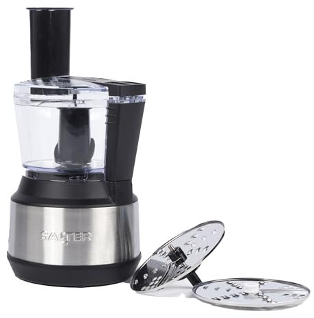 Salter 3 in 1 Electric Food Processor – 600ml Vegetable Chopper, 2 Speed Settings, Durable Stainless-Steel Blade, Shred & Slice Disc, Feeding Chute & Pusher for Oils/Dressings, Food Prep, 300W