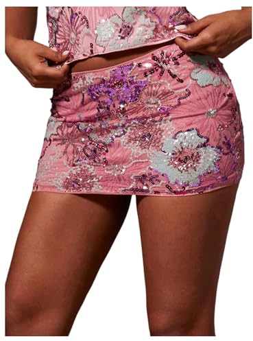 MakeMeChic Women's Floral Sequin Skirt Sparkly Low Waist Bodycon Party Short Skirts Multicolor Small