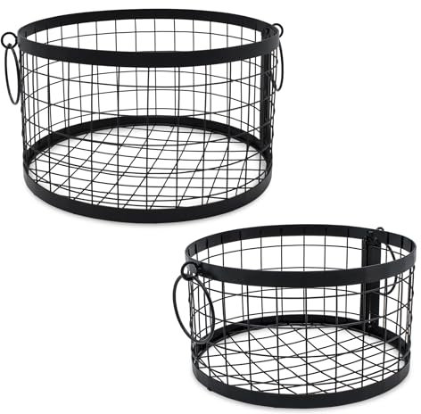 Metall Gitterkorb rund mit Griffen schwarz 2er Set - 27/22 cm - Regalkorb im Industrial Design in 2 verschiedenen Größen - Korbset Dekokorb Drahtkorb Aufbewahrungskorb Metallkorb