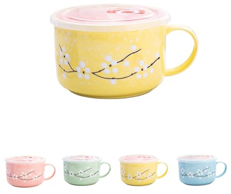 Ceramic Soup Bowl with Lid and Handle | Large 27oz Microwavable Instant Noodle Mug | Heat Preservation Food Container for Oatmeal, Cereal, Ramen & Travel | Leakproof & Dishwasher Safe (Yellow)