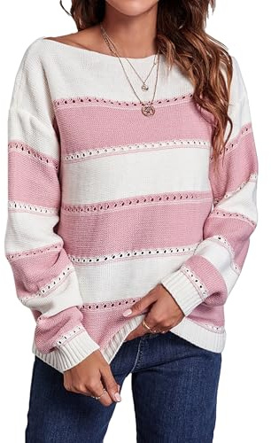 Koerye Jersey Mujer Otoño Invierno Punto Cuello Redondo Suéter Manga Larga Basico Bloque de Color Rayas Casual Felpa Jersey Pullover Camiseta Rosa,L