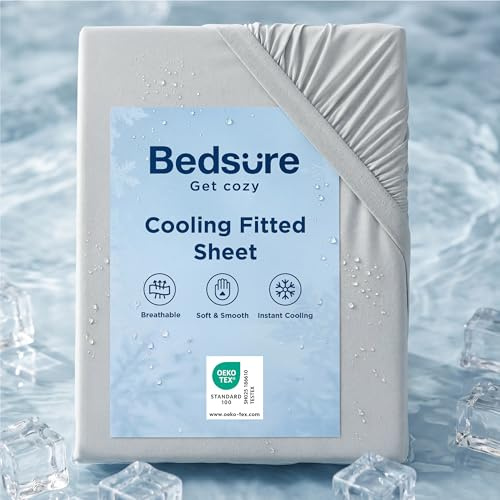 Bedsure Double Cooling Fitted Sheet – Soft Breathable Deep Pocket Bed Sheet, Cool to Touch, Wrinkle Resistant, Gray