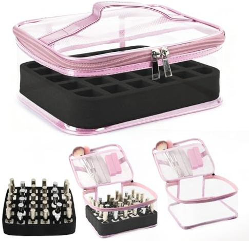 YINGJEE Clear Nail Polish Organizer,Holds 30 Bottles PVC Nail Polish Organizer Case Manicure Tools Nail Polishes Storage Portable Nail Tech Travel Bag(Pink)