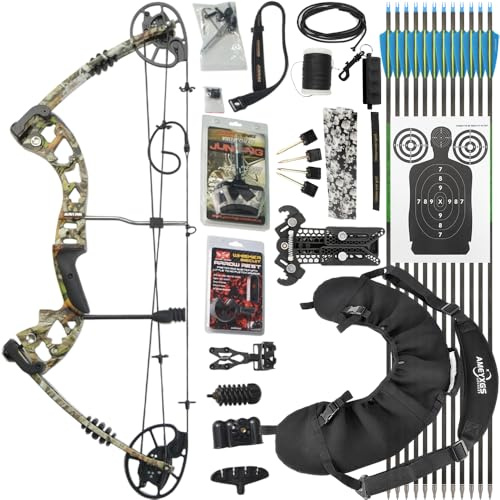 HNZDMY Set Arco Compound e Frecce, Peso di trazione regolabile 25-70 lbs, Velocità IBO 320 fps, Accessori completi per Caccia e Tiro al Bersaglio (Mimetico, kit1)