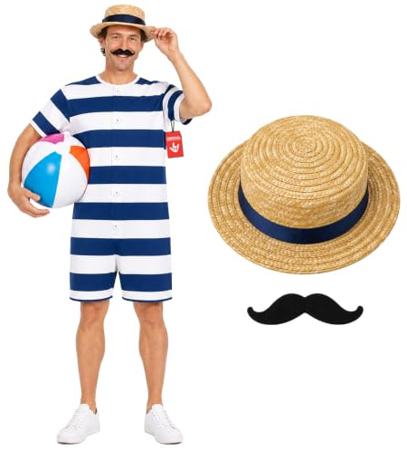 Fun Shack Gammaldags Baddräkt för Herrar, Blå & Vit Randig Jumpsuit, Stråhatt & Mustasch, Maskerad 1920-talsfest
