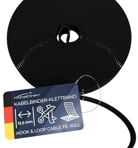 KabelDirekt – Sujetacables Reutilizables – 5m × 12,5 mm – se pueden cortar a medida y reutilizar (hook and loop, rollo para cortar, sistema de cierre resellable, conecta cables y mucho más, negro)