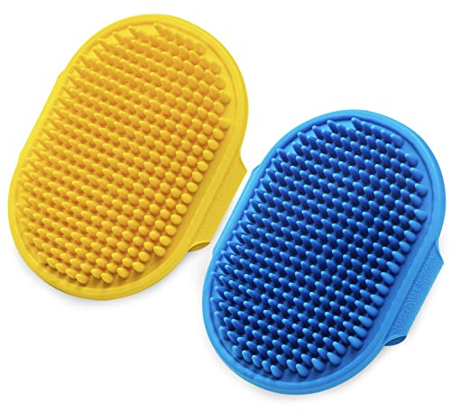 Dog Grooming Brush, Lilpep Pet Shampoo Bath Brush Soothing Massage Rubber Comb with Adjustable Ring Handle for Long Short Haired Dogs and Cats (Blue+Yellow, pack of 2)