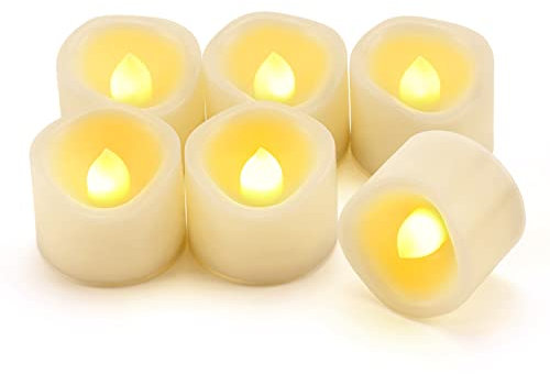Lot de 6 bougies chauffe-plat LED sans flamme à piles avec minuterie, bougies chauffe-plat électriques vacillantes réalistes pour baptême, fête de mariage, centre de table, piles incluses.