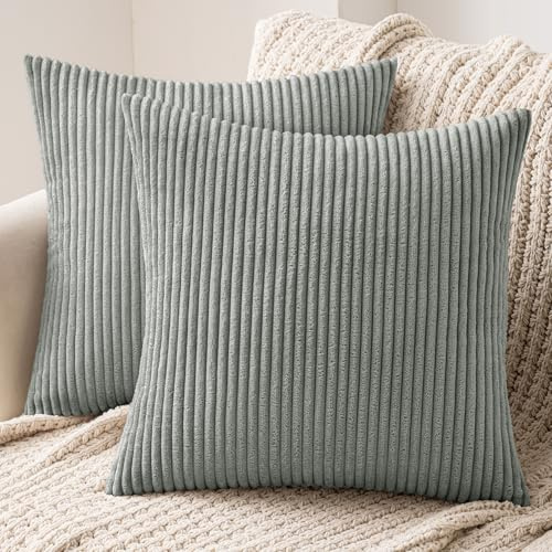 MIULEE Cushion Covers Striped Corduroy Throw Pillow Covers Decorative Pillows Pillowcases Decor for Sofa Couch Living Room 50x50 cm 20x20 Inch Grey Green