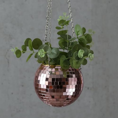 SATISFIRE Blumenampel Discokugel - Spiegelkugel als Blumentopf - hängende Blumenampel mit Spiegelkacheln (15cm, rosa)