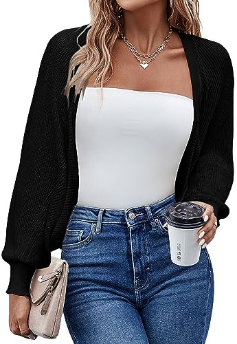 HOTOUCH Women's Cardigan Shrugs Long Batwing Sleeve Knitted Cropped Bolero Open Front Casual Elegant Cardigans for Dresses Black