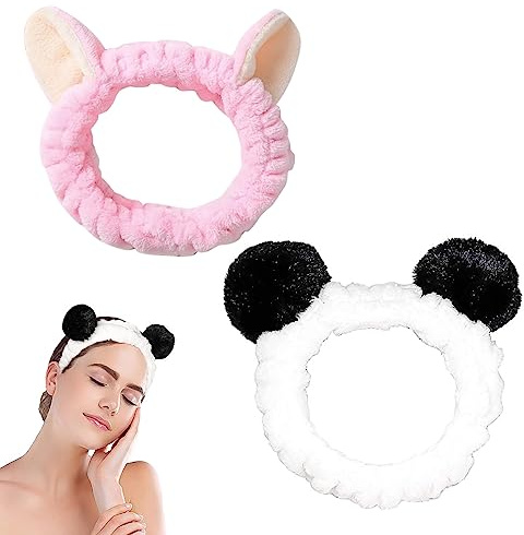 Haarband Kosmetik Panda Katzenohren, FUKPO 2pcs Gesicht Make Up Stirnbänder Haarband Schminken Dusche Waschen KosmetikStirnband Plüsch elastische Haarbänder Damen Frauen Mädchen Yoga Spa Sport