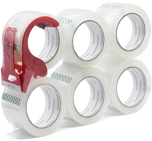 CHUANGSEED Packing Tape 6 Rolls + Dispenser - No Bubble Clear Tape for Moving, Parcels, Shipping - 45mic x 48mm x 66m(6, Clear)
