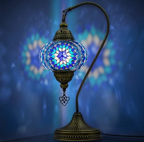 VALVELLO | Lampada A Mosaico | Blu | Turca Marocchina A Collo Di Cigno, Stile Tiffany, Decorativa In Vetro Per Camera Da Letto, Soggiorno, Regalo Per Occasioni Speciali/Persona Speciale
