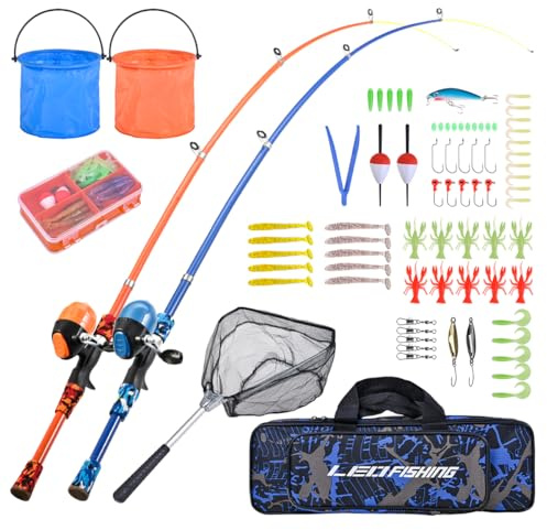 LEOFISHING Portable Kids Fishing Rod Set 2Pack Telescopic Fishing Poles for Boys and Girls Fishing Rod and Reel Combos with Full Kits Fishing Net and Bucket for Toddler Youth (Blue and Orange)