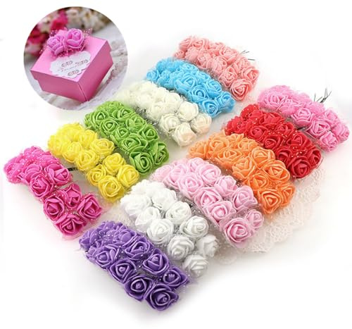 144 pezzi di mini teste di rose artificiali e gambi morbidi, rose minuscole in PE da 25 mm con garza per fai-da-te, per matrimoni, per fare fermagli per capelli da sposa, per decorare torte, per